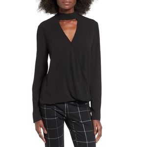 Black Faux Wrap Choker Collar Blouse